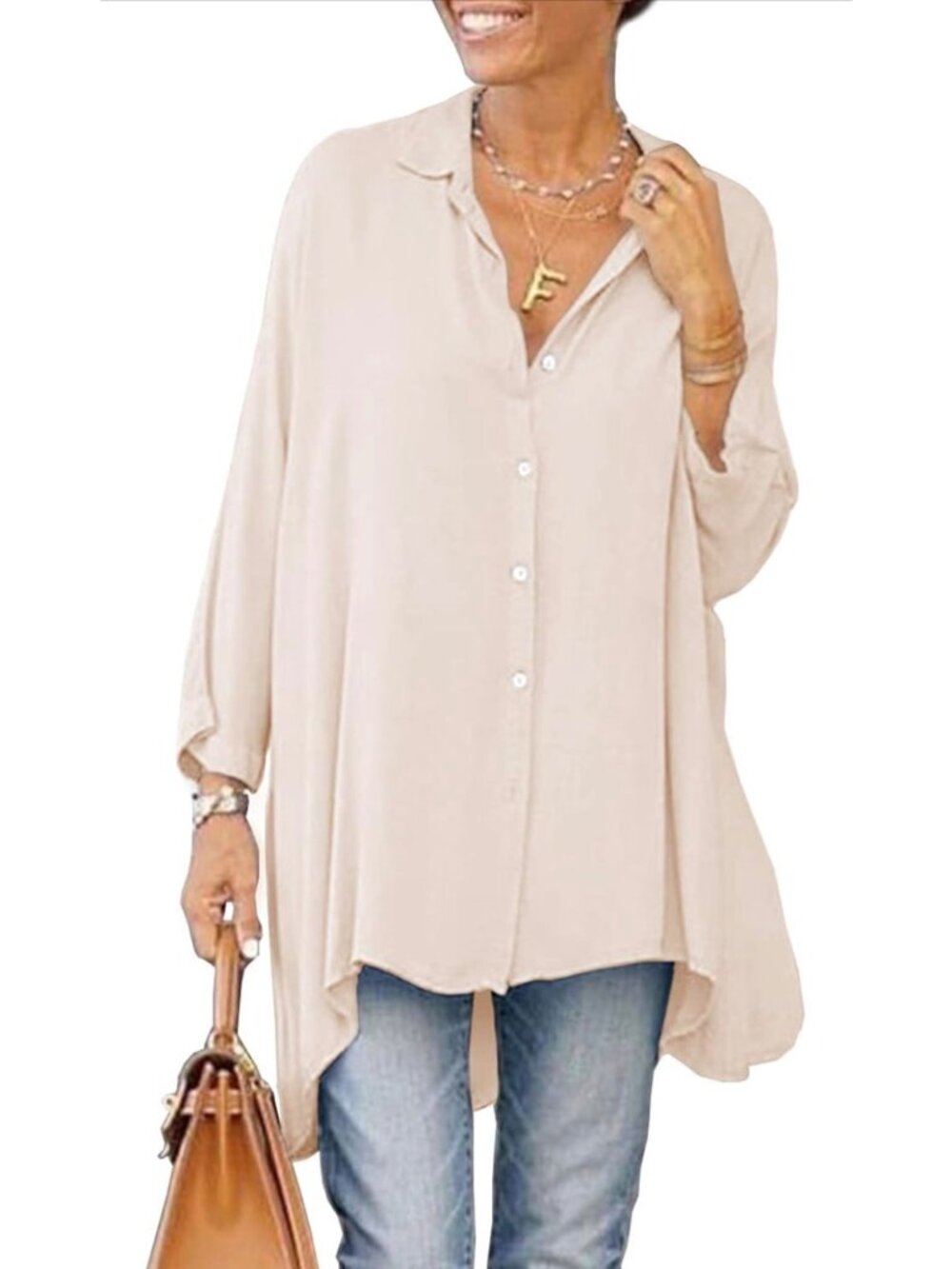 Womens Oversized Button Down Long Sleeve Flowy Shirt Loose Fit Beige Blouse Med